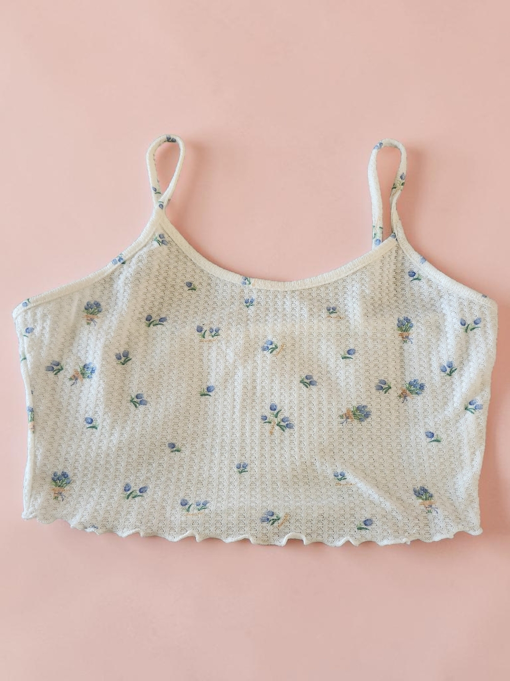 Cottagecore White Floral Waffle-Knit Cami with Blue Blossom Print & Lettuce Hem
